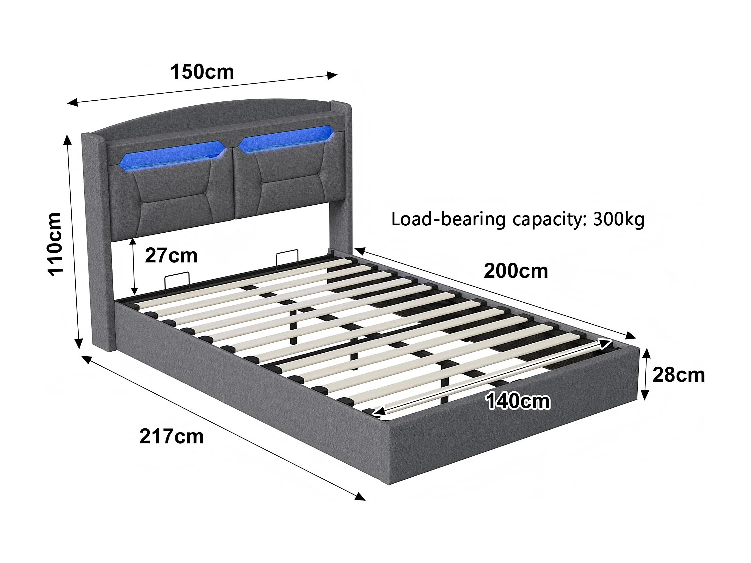 Lit coffre rembourré 140x200 cm - LED RGB et USB - tissu gris - tête de lit avec rangement - sommier à lattes