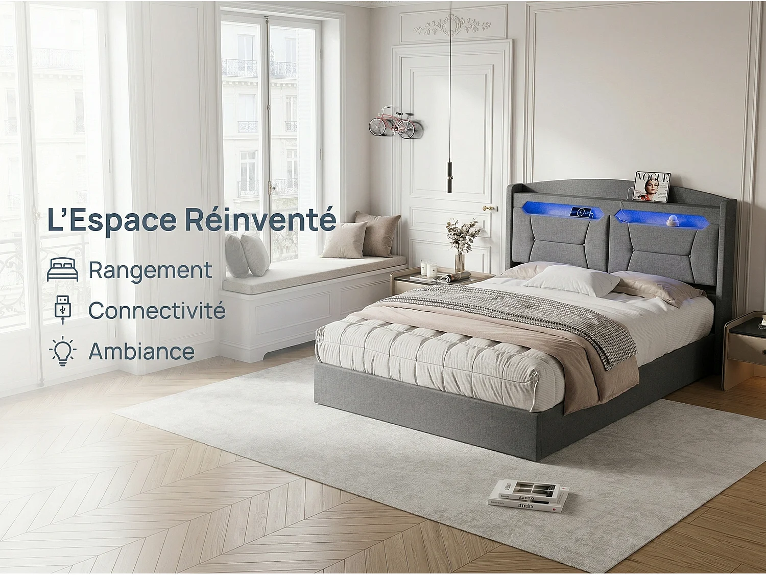 Lit coffre rembourré 140x200 cm - LED RGB et USB - tissu gris - tête de lit avec rangement - sommier à lattes