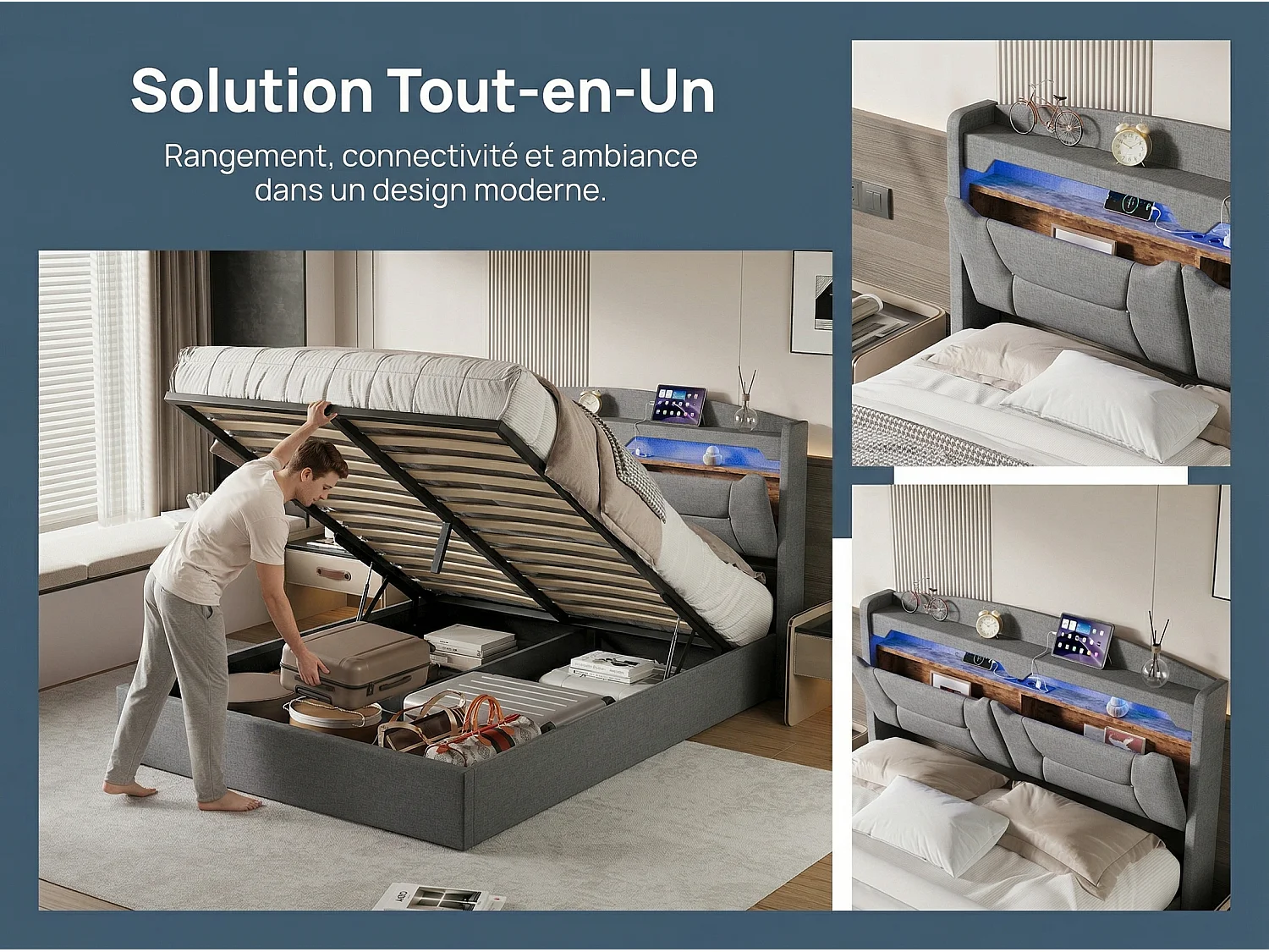 Lit coffre rembourré 140x200 cm - LED RGB et USB - tissu gris - tête de lit avec rangement - sommier à lattes