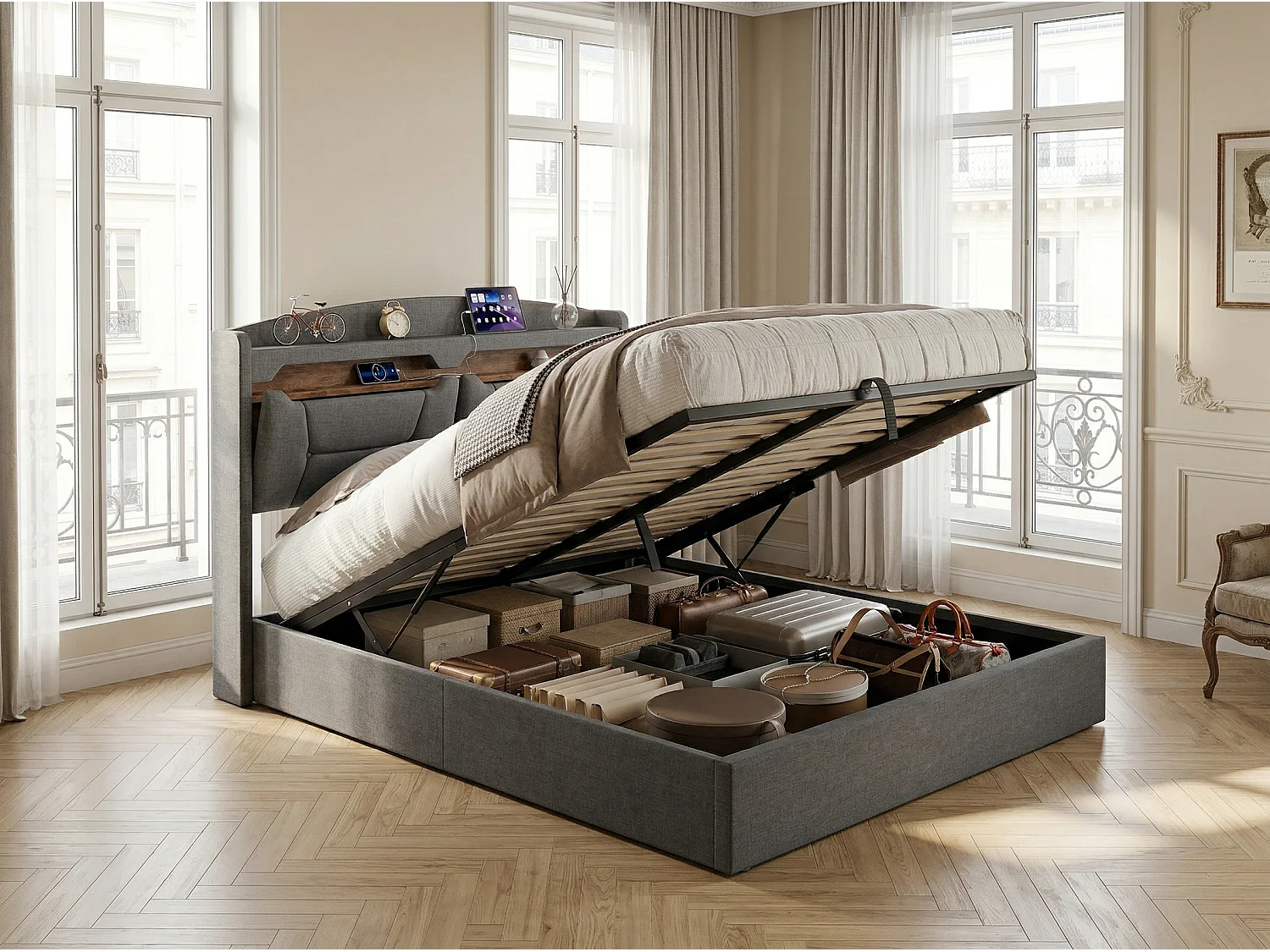 Lit coffre rembourré 140x200 cm - LED RGB et USB - tissu gris - tête de lit avec rangement - sommier à lattes