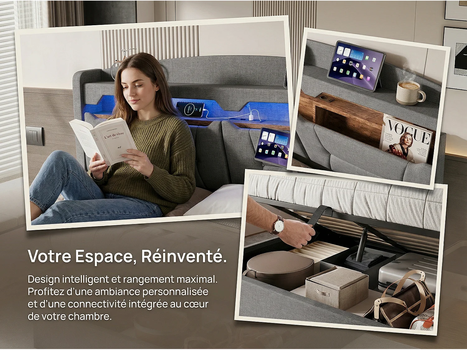 Lit coffre rembourré 140x200 cm - LED RGB et USB - tissu gris - tête de lit avec rangement - sommier à lattes