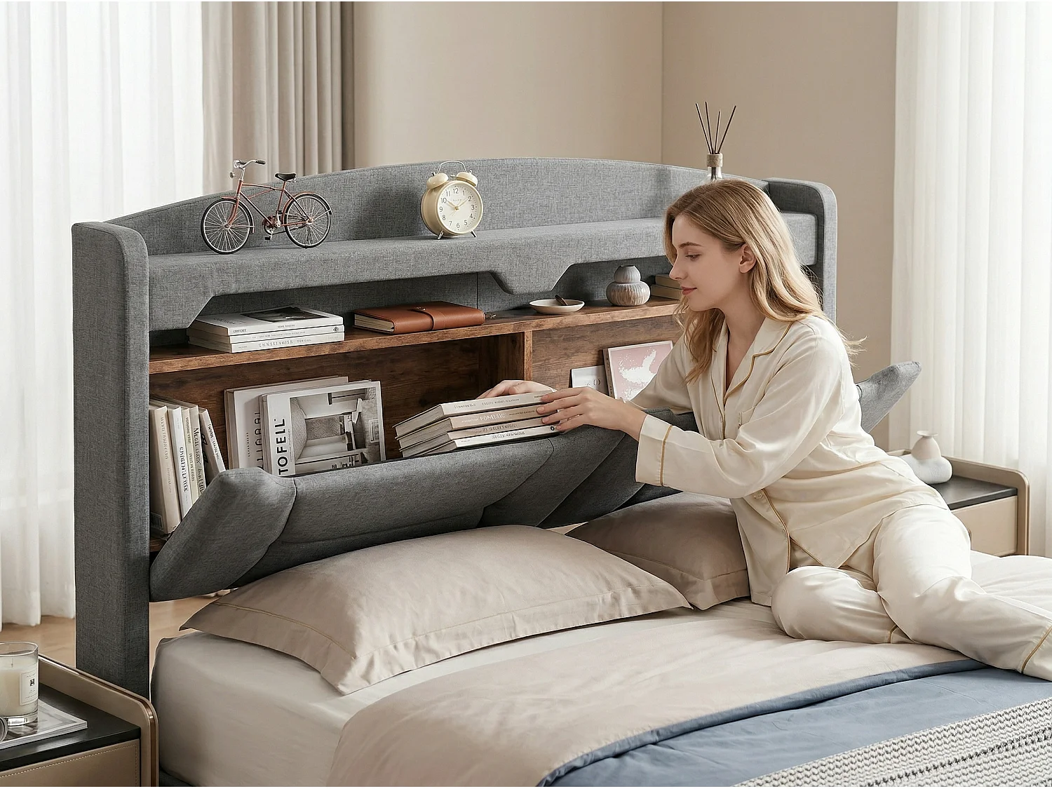 Lit coffre rembourré 140x200 cm - LED RGB et USB - tissu gris - tête de lit avec rangement - sommier à lattes