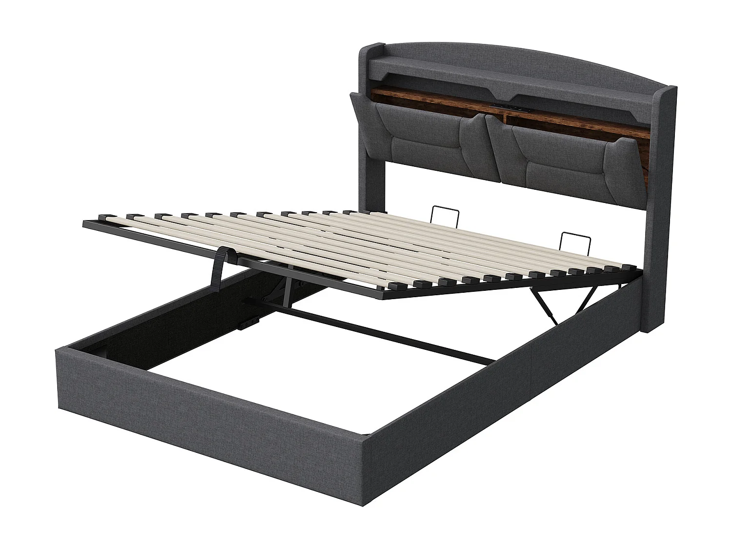 Lit coffre rembourré 140x200 cm - LED RGB et USB - tissu gris - tête de lit avec rangement - sommier à lattes