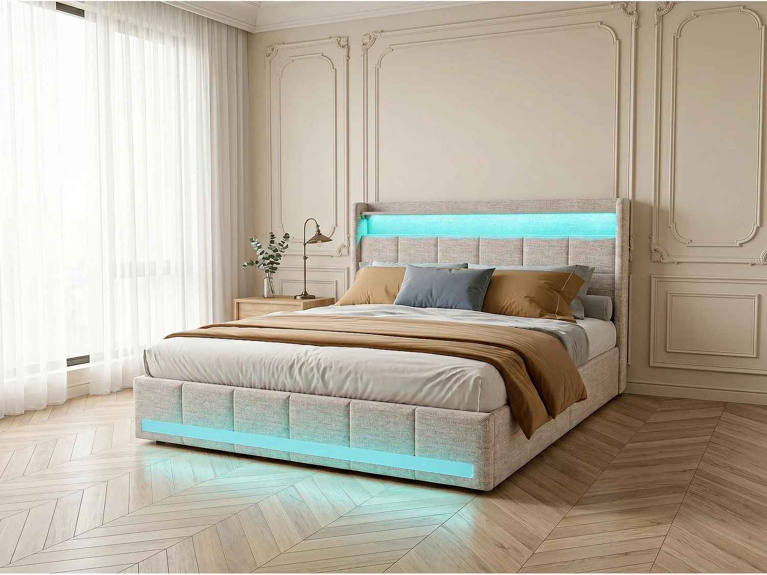 Lit coffre en cuir PU - 180x200cm - avec tête de lit, USB et LED - sommier à lattes - sans matelas