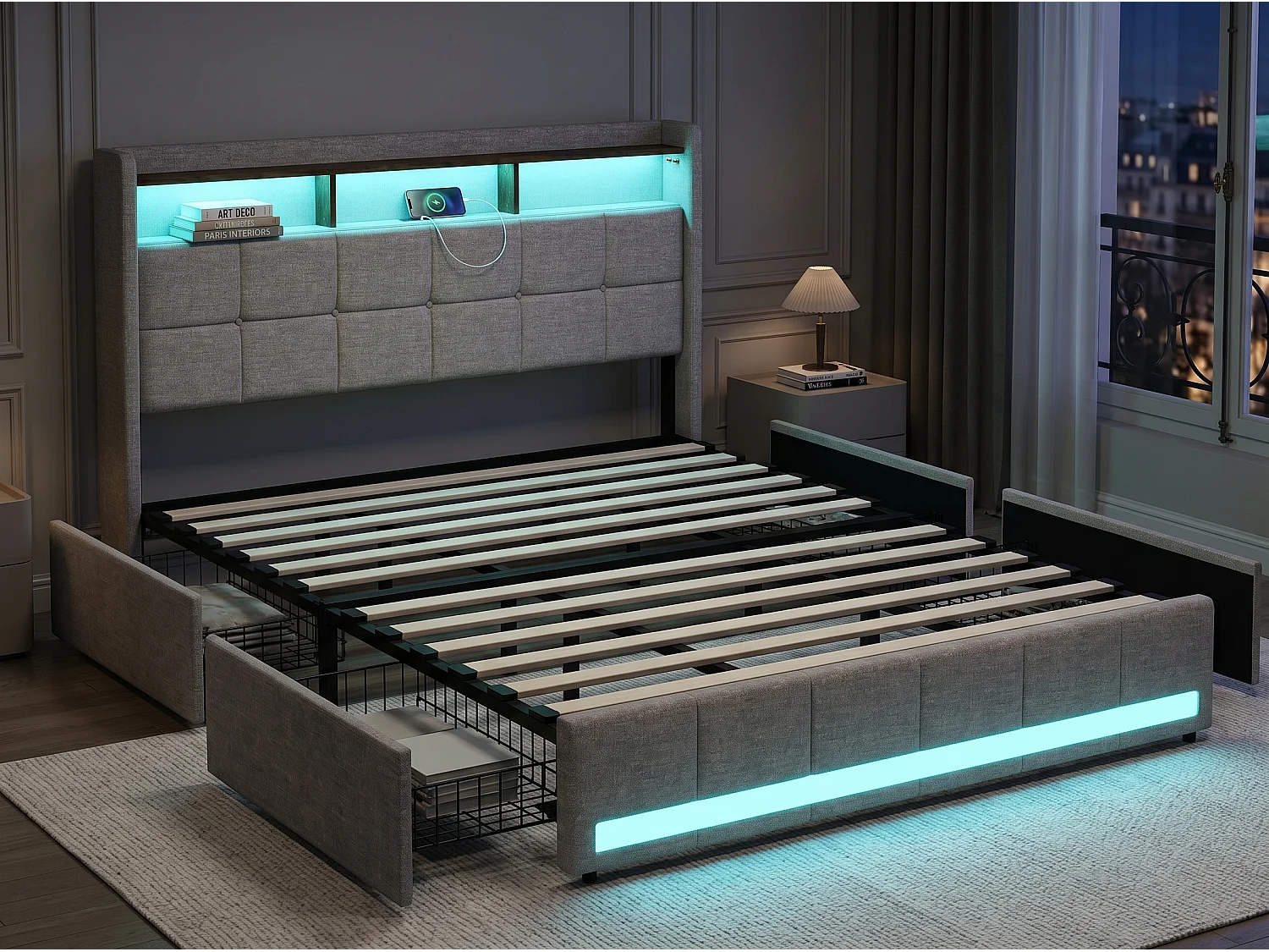 Lit coffre en cuir PU - 180x200cm - avec tête de lit, USB et LED - sommier à lattes - sans matelas