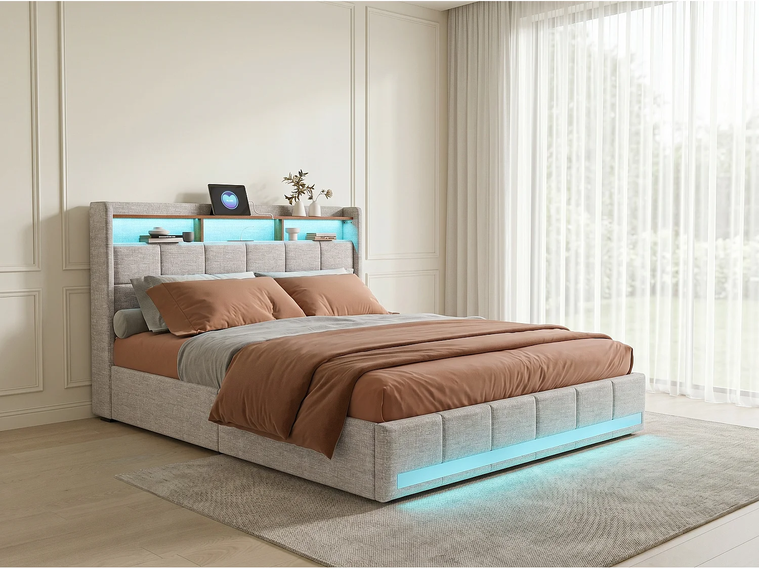 Lit coffre rembourré 140x200 cm - avec LED - prises USB - cuir PU - sommier à lattes - matelas non inclus