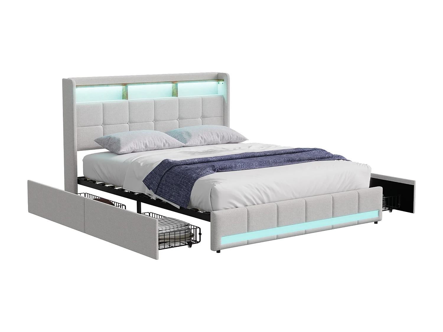Lit coffre rembourré 140x200 cm - avec LED - prises USB - cuir PU - sommier à lattes - matelas non inclus