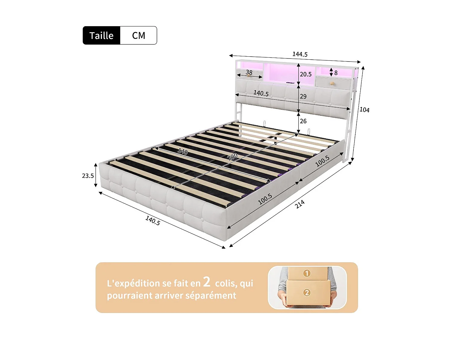 Lit coffre en velours - 140x200 cm - avec tiroirs, rangements de tête de lit et LED - Beige (sommier inclus)