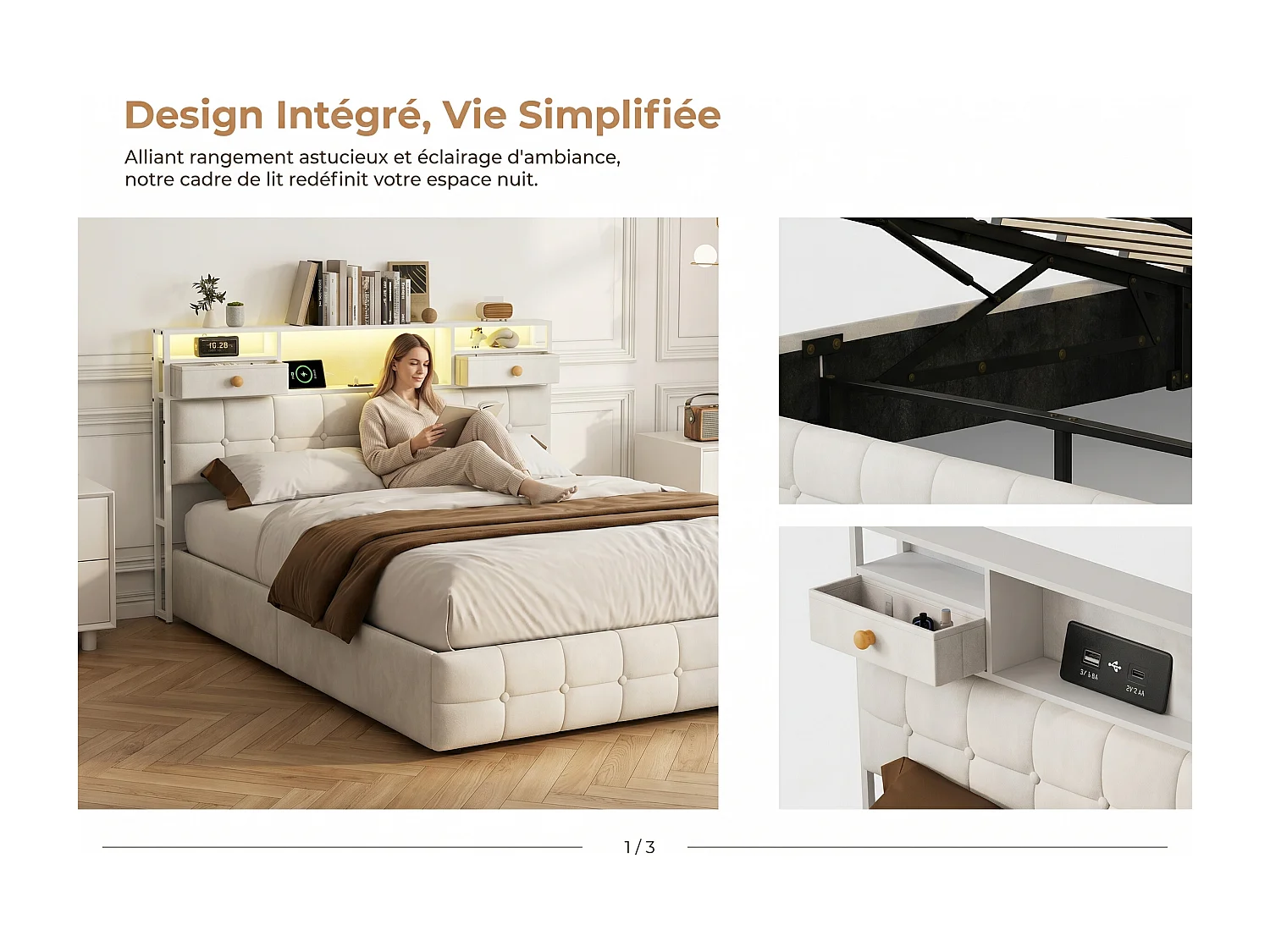 Lit coffre en velours - 140x200 cm - avec tiroirs, rangements de tête de lit et LED - Beige (sommier inclus)