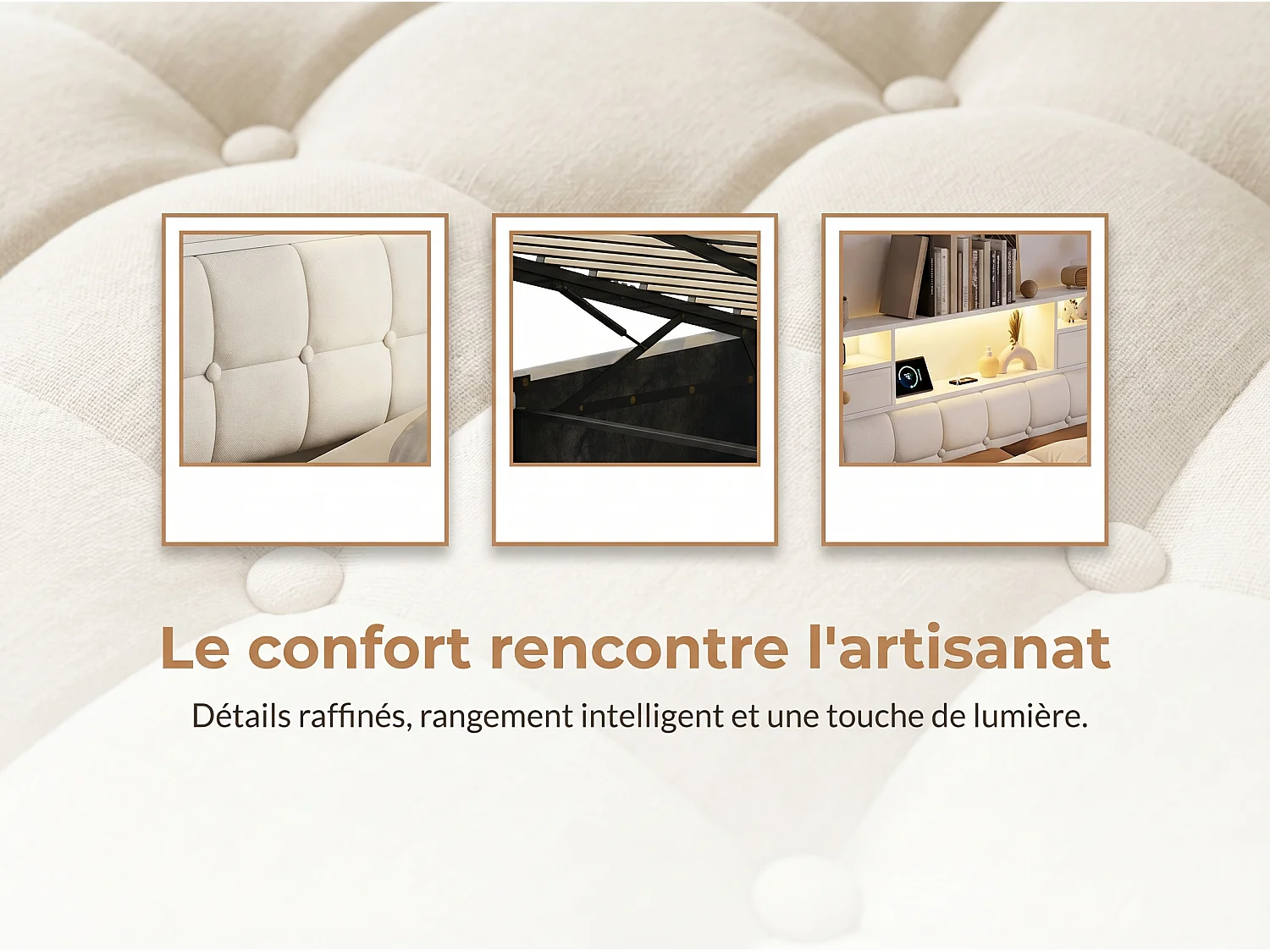 Lit coffre en velours - 140x200 cm - avec tiroirs, rangements de tête de lit et LED - Beige (sommier inclus)