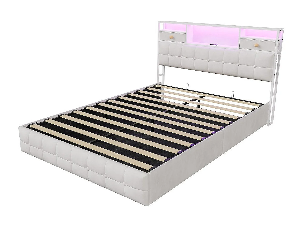 Lit coffre en velours - 140x200 cm - avec tiroirs, rangements de tête de lit et LED - Beige (sommier inclus)