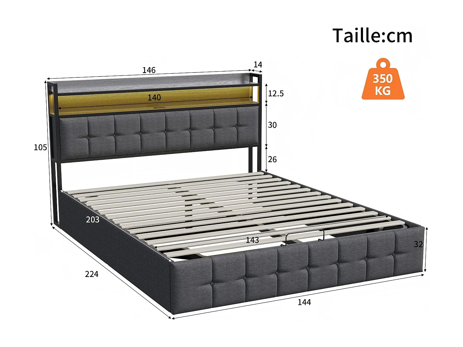 Lit coffre 140x200 cm avec tête de lit - LEDs RGB - Tissu lin gris - Prises et étagère - Sommier à lattes et espace de rangement hydraulique