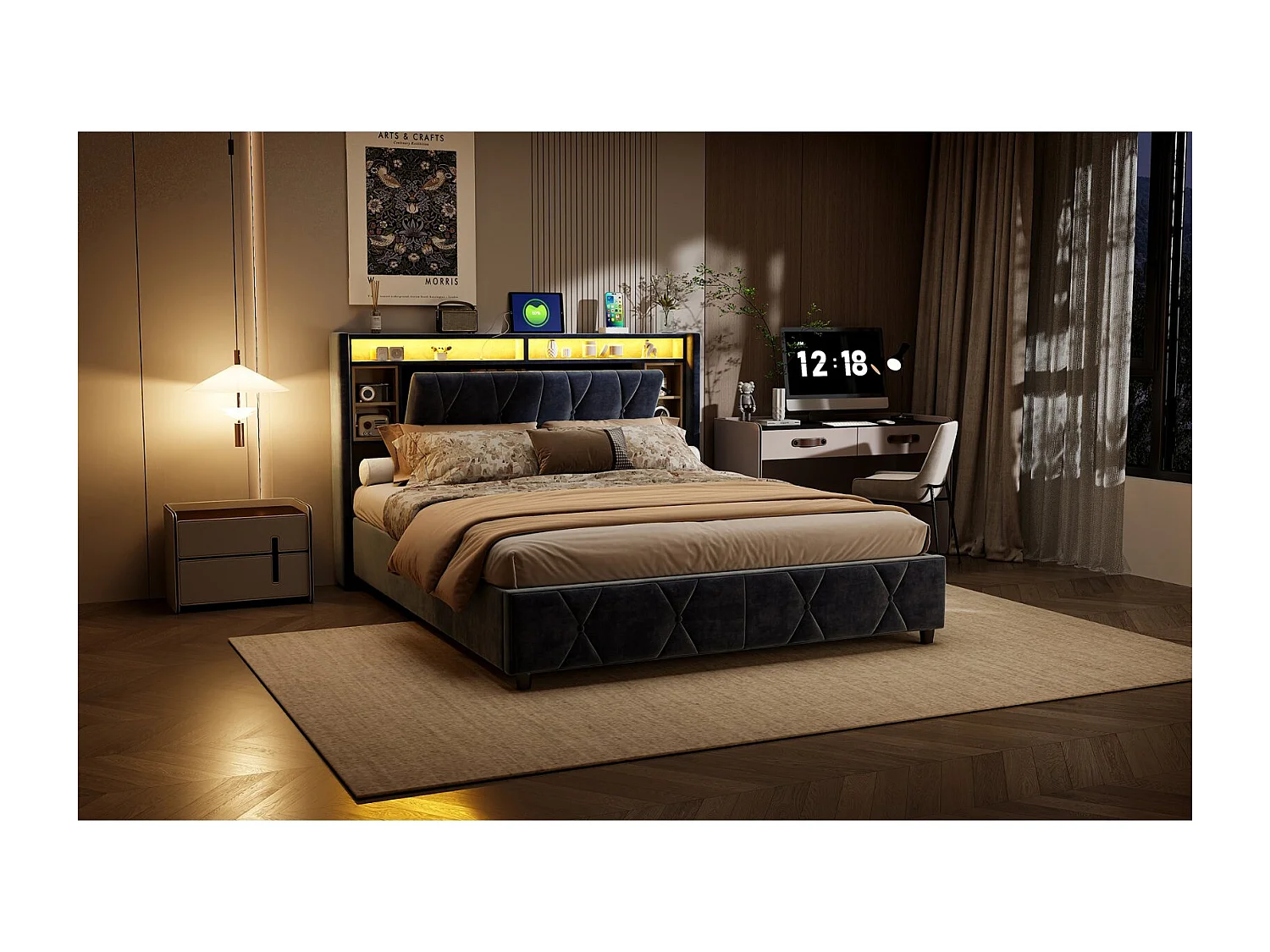 Lit coffre 160x200 cm avec tête de lit - LEDs RGB - Velours gris - Prises USB et Type-C - Sommier à lattes et espace de rangement hydraulique
