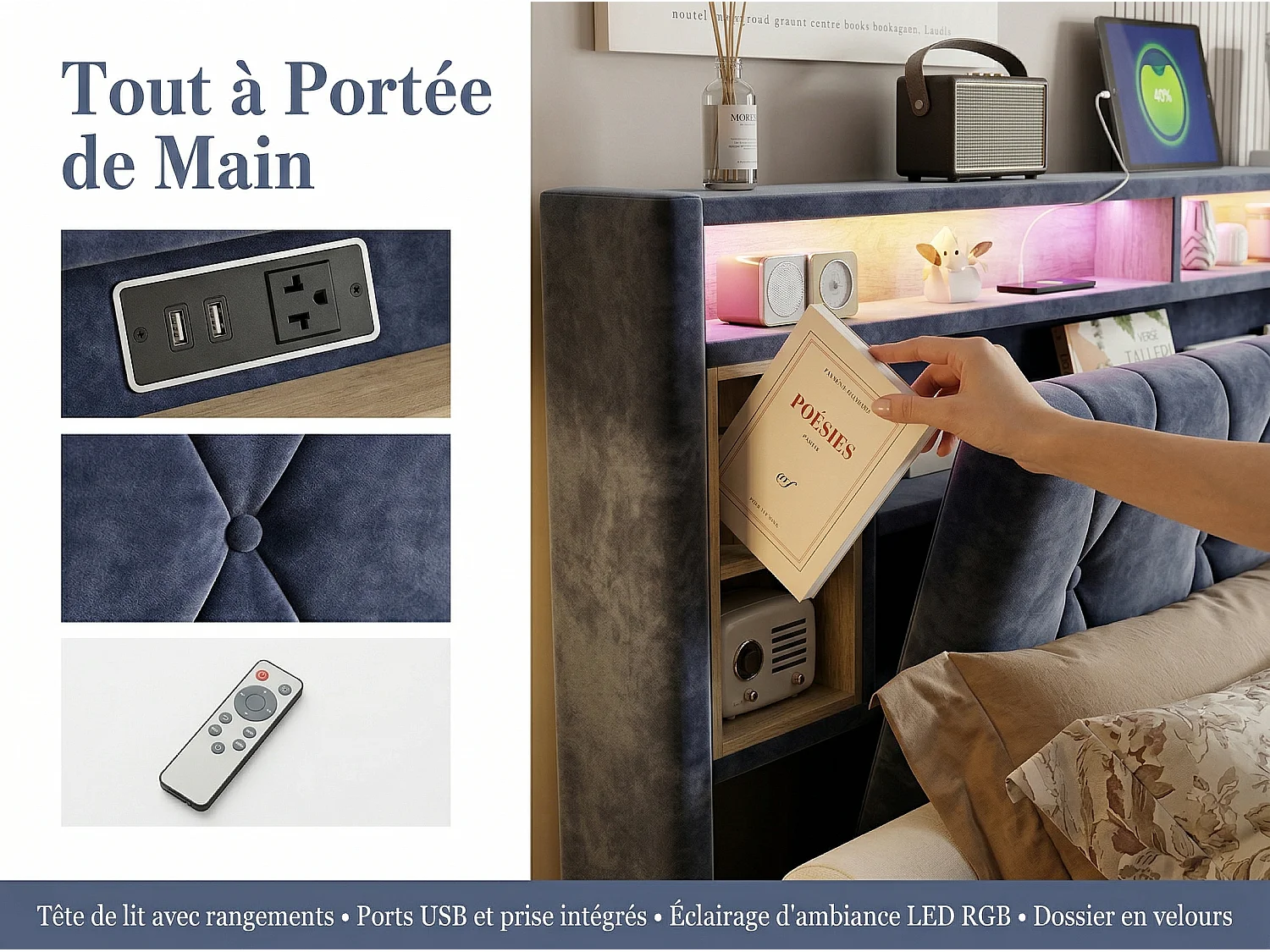Lit coffre 160x200 cm avec tête de lit - LEDs RGB - Velours gris - Prises USB et Type-C - Sommier à lattes et espace de rangement hydraulique