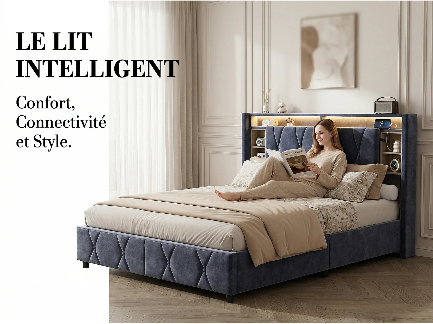 Lit coffre 160x200 cm avec tête de lit - LEDs RGB - Velours gris - Prises USB et Type-C - Sommier à lattes et espace de rangement hydraulique
