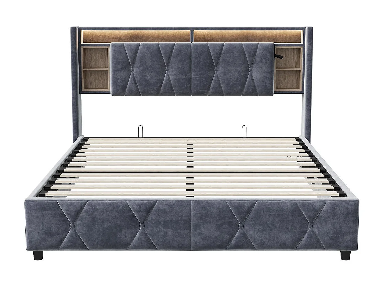 Lit coffre 160x200 cm avec tête de lit - LEDs RGB - Velours gris - Prises USB et Type-C - Sommier à lattes et espace de rangement hydraulique
