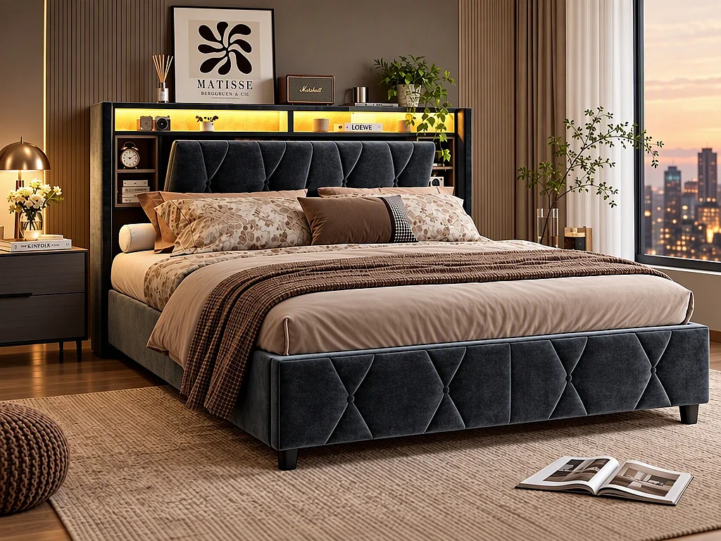 Lit coffre 160x200 cm avec tête de lit - LEDs RGB - Velours gris - Prises USB et Type-C - Sommier à lattes et espace de rangement hydraulique