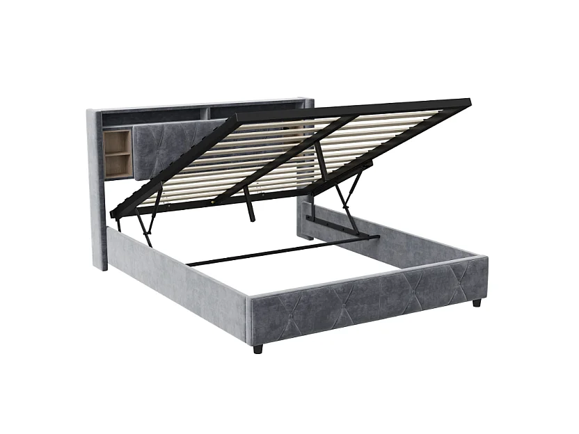 Lit coffre 160x200 cm avec tête de lit - LEDs RGB - Velours gris - Prises USB et Type-C - Sommier à lattes et espace de rangement hydraulique