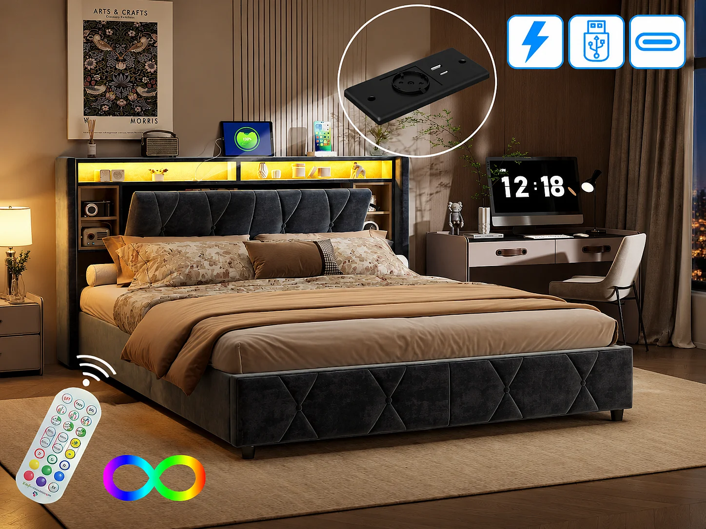 Lit coffre 160x200 cm avec tête de lit - LEDs RGB - Velours gris - Prises USB et Type-C - Sommier à lattes et espace de rangement hydraulique
