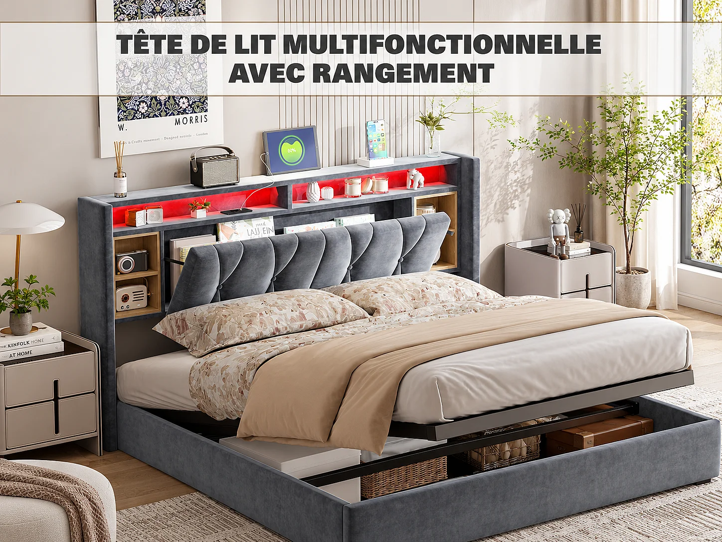 Lit coffre 160x200 cm avec tête de lit - LEDs RGB - Velours gris - Prises USB et Type-C - Sommier à lattes et espace de rangement hydraulique