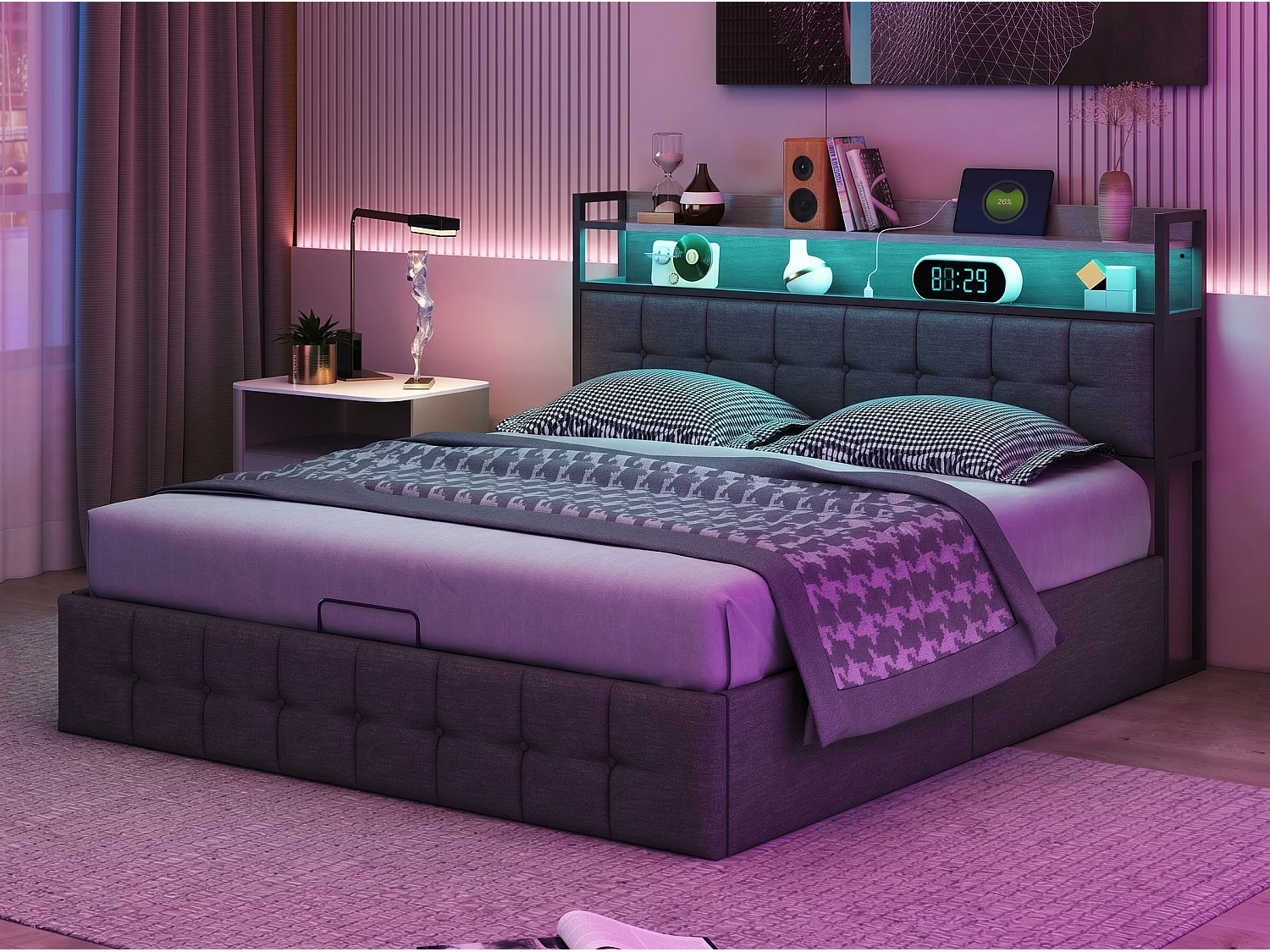 Lit coffre 160x200 cm avec tête de lit - LEDs RGB - Tissu lin gris - Prises et étagère - Sommier à lattes et espace de rangement hydraulique