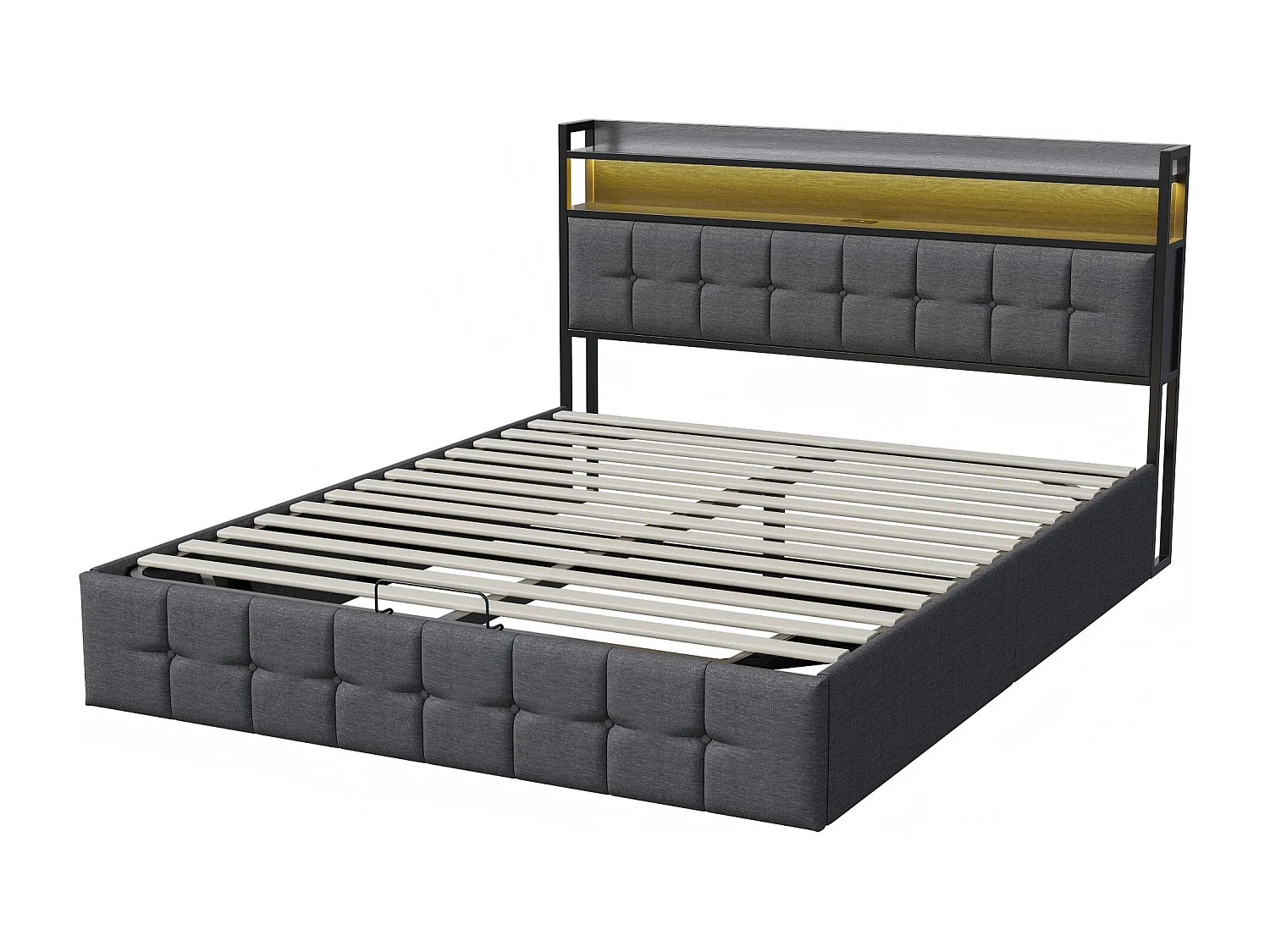 Lit coffre 160x200 cm avec tête de lit - LEDs RGB - Tissu lin gris - Prises et étagère - Sommier à lattes et espace de rangement hydraulique
