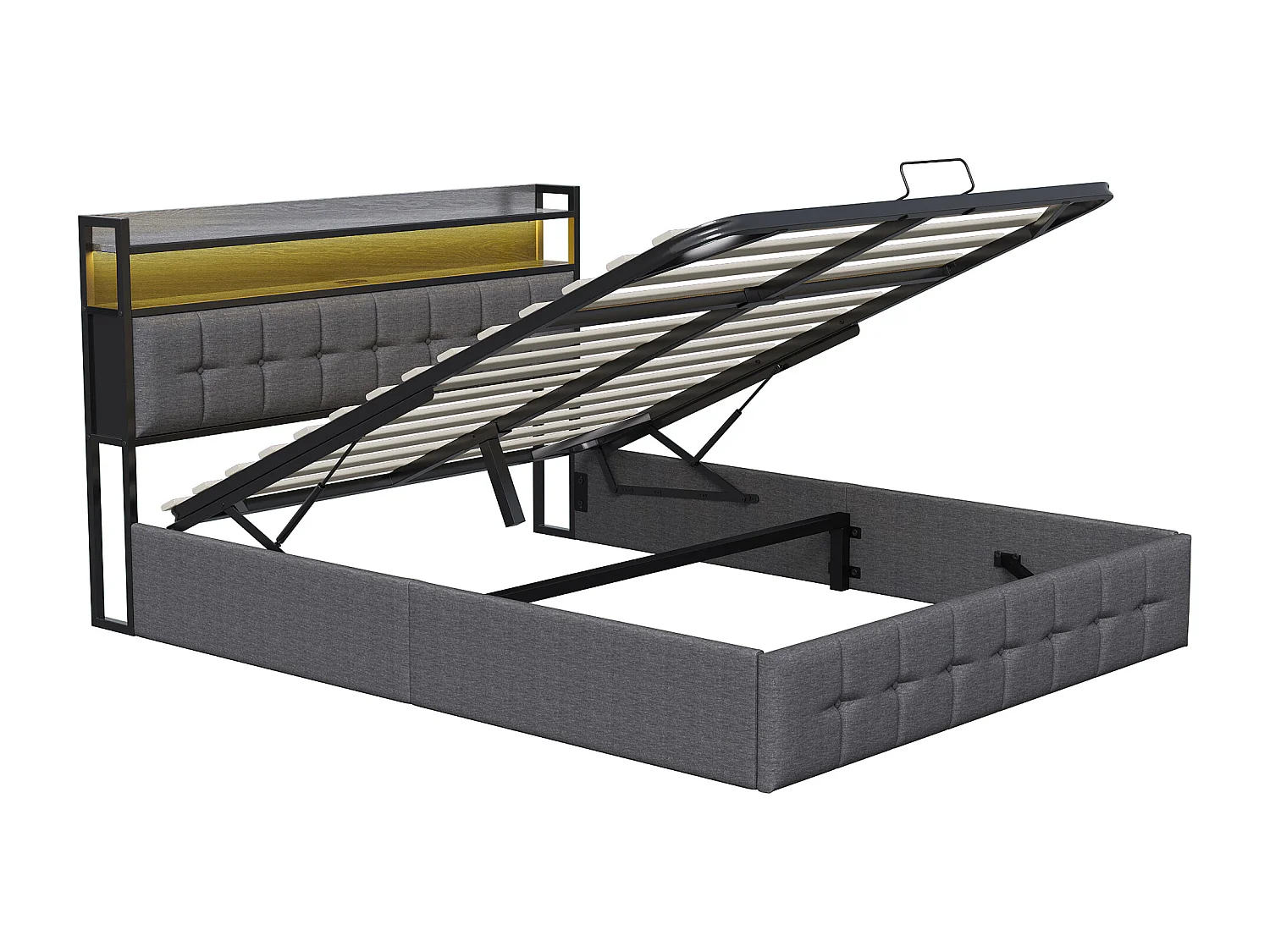 Lit coffre 160x200 cm avec tête de lit - LEDs RGB - Tissu lin gris - Prises et étagère - Sommier à lattes et espace de rangement hydraulique
