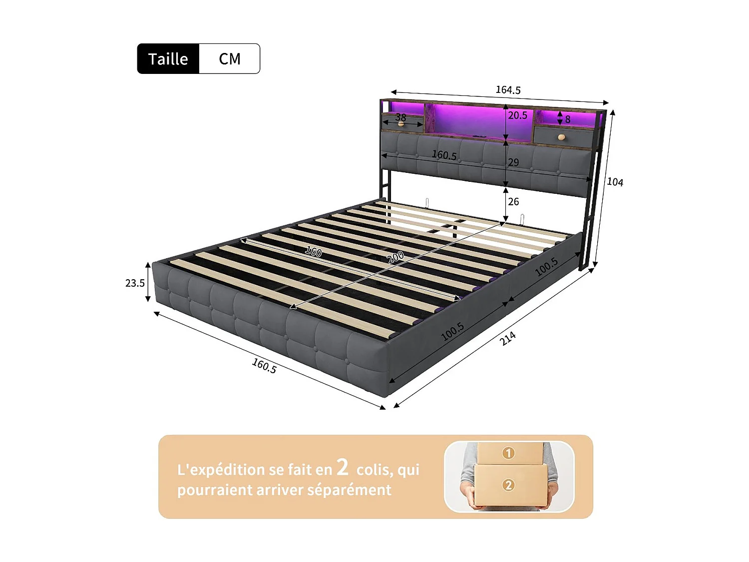 Lit coffre en velours - 160x200 cm - avec tiroirs, rangements de tête de lit et LED - Gris (sommier inclus)