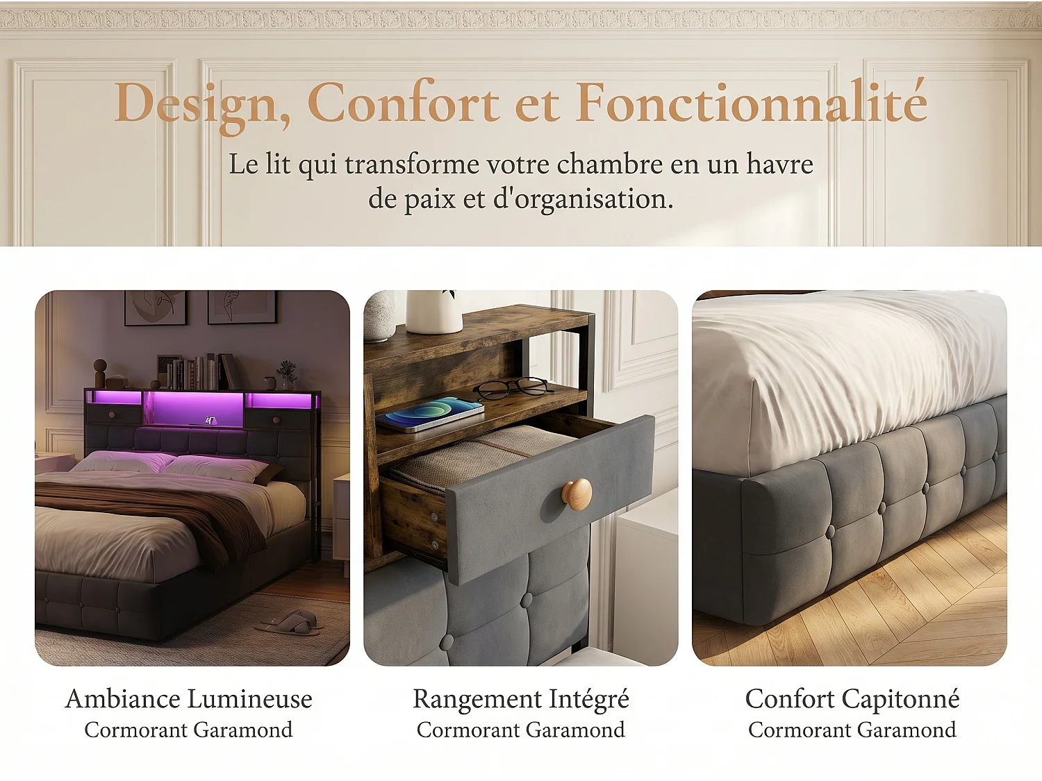 Lit coffre en velours - 160x200 cm - avec tiroirs, rangements de tête de lit et LED - Gris (sommier inclus)