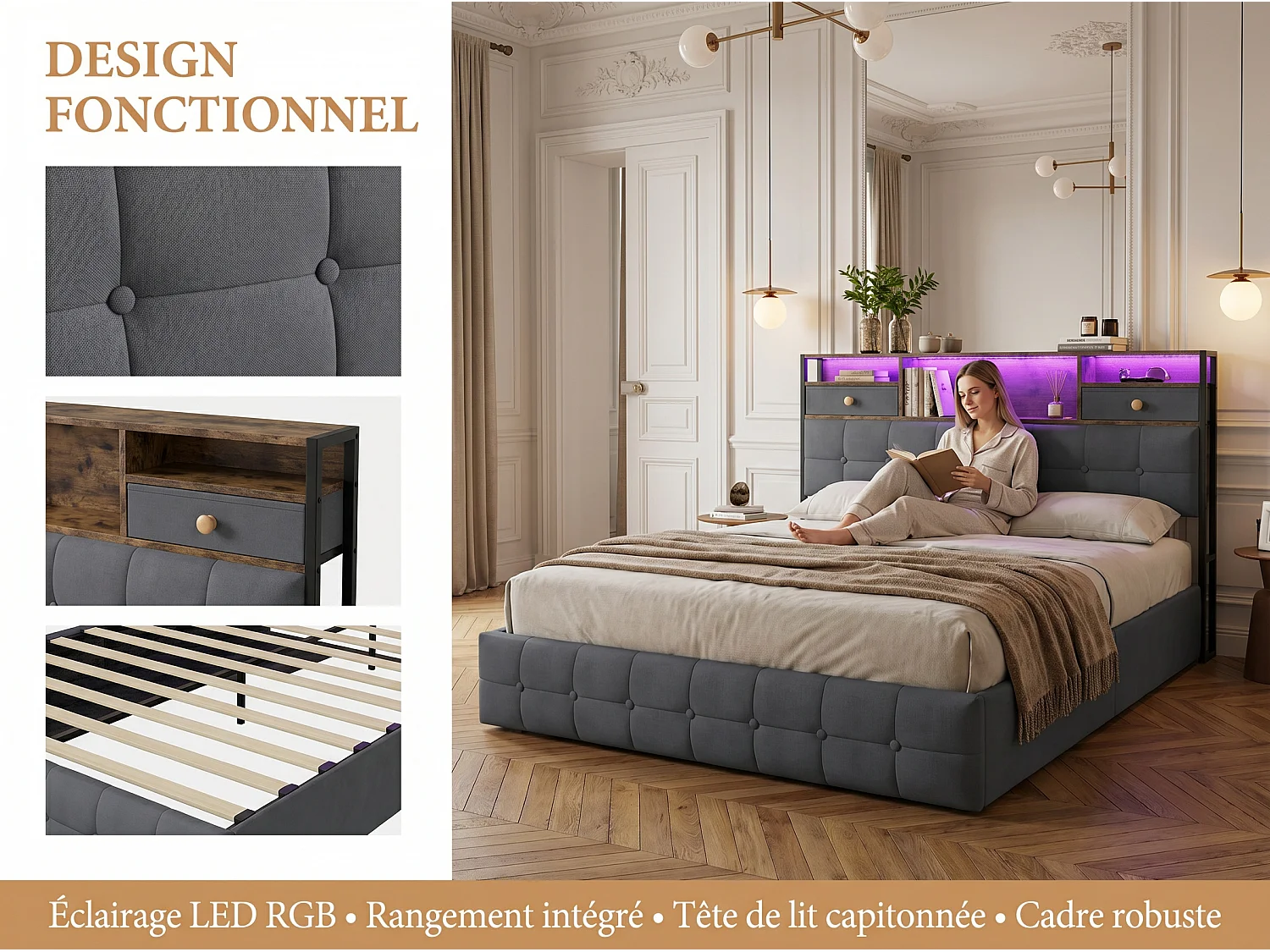 Lit coffre en velours - 160x200 cm - avec tiroirs, rangements de tête de lit et LED - Gris (sommier inclus)