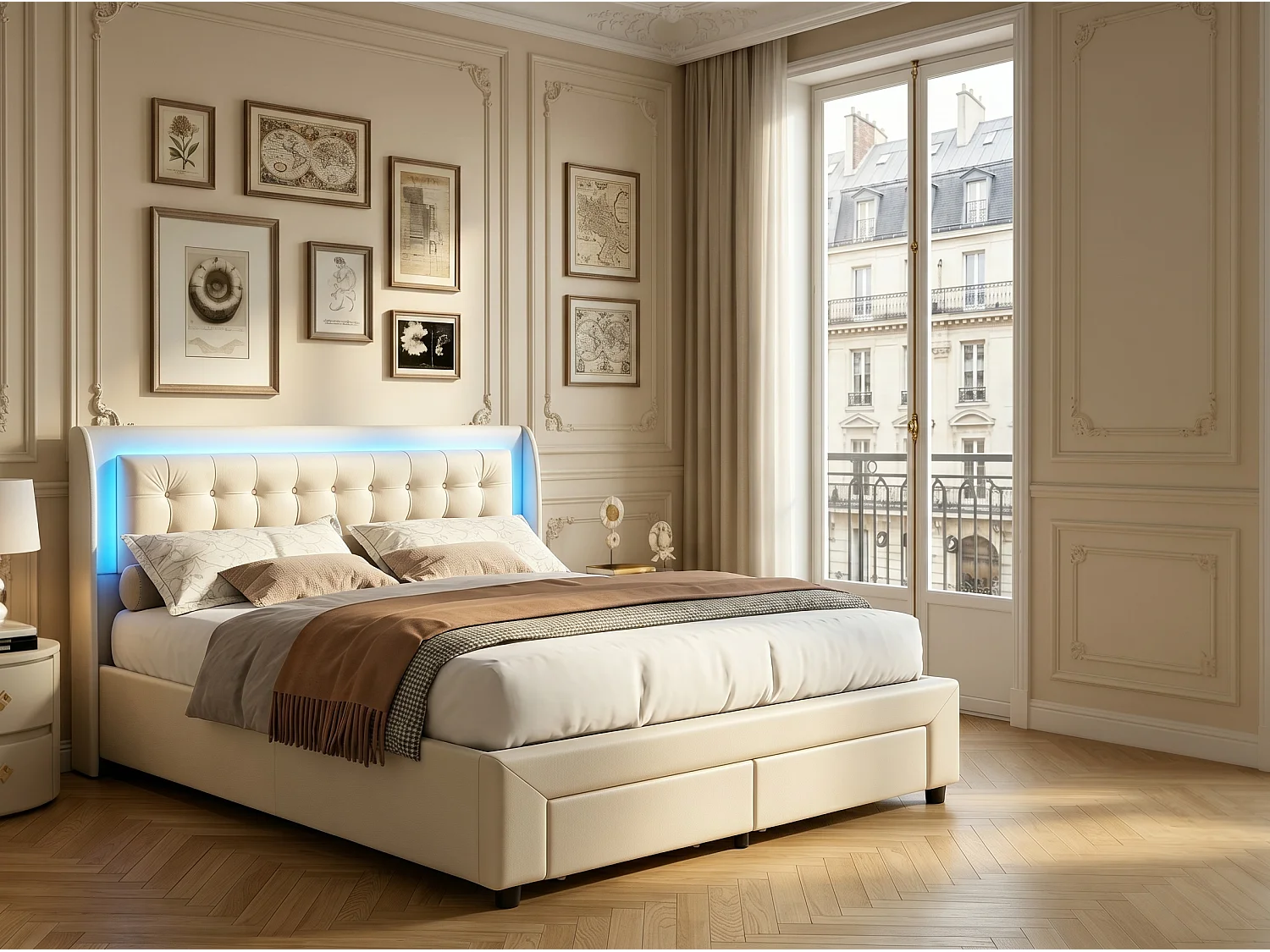 Lit coffre 140x200 cm avec tête de lit - LEDs RGB - Velours beige - Sommier à lattes - Rangement hydraulique et tiroirs