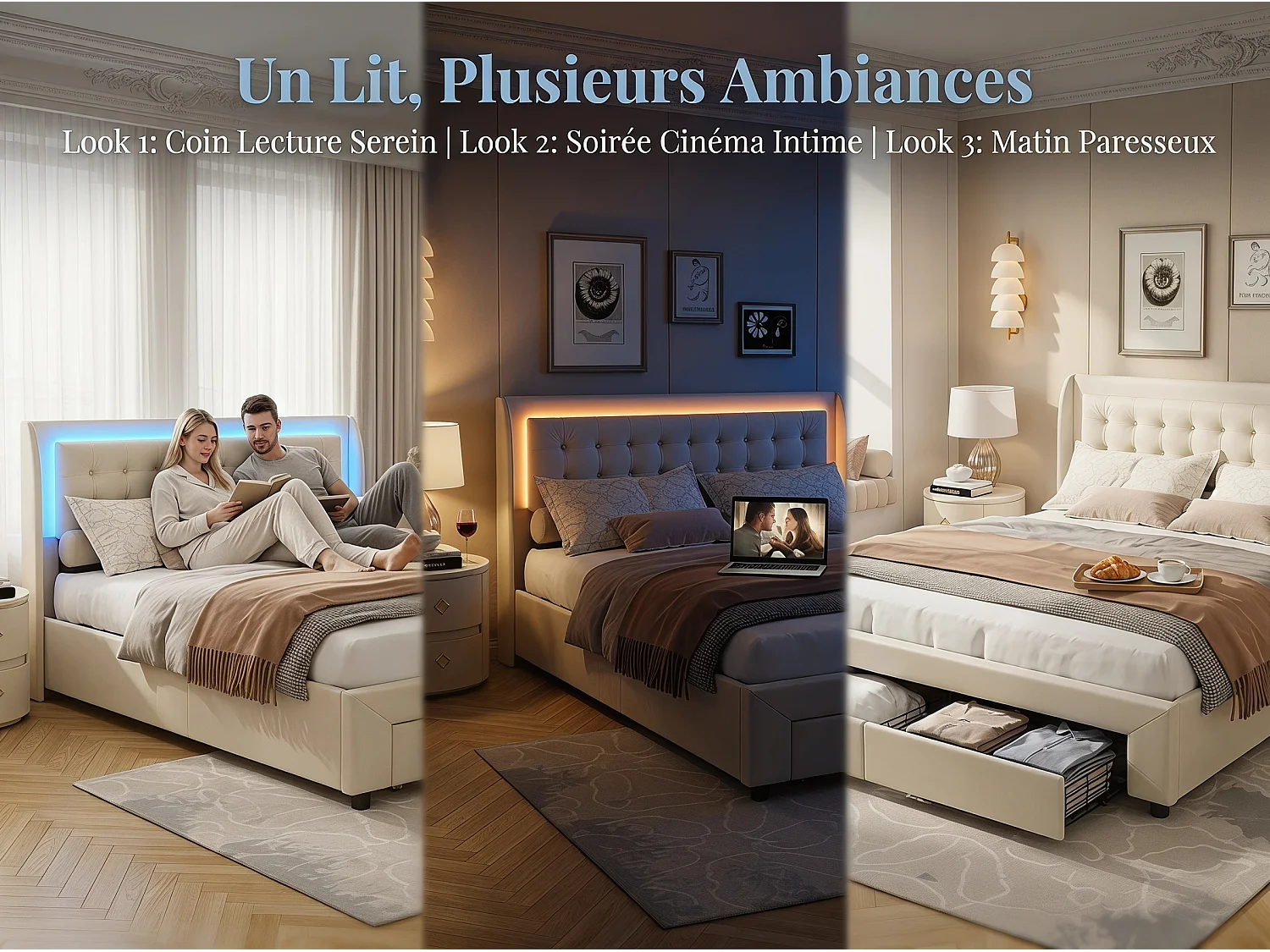 Lit coffre 140x200 cm avec tête de lit - LEDs RGB - Velours beige - Sommier à lattes - Rangement hydraulique et tiroirs