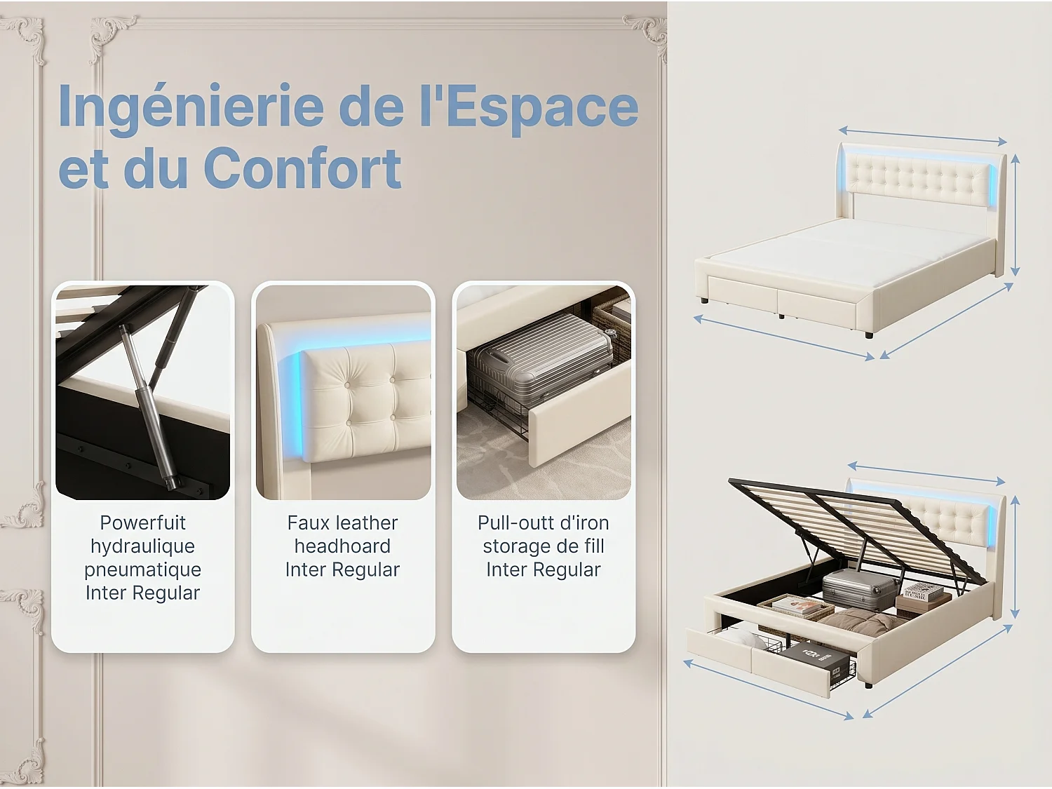Lit coffre 140x200 cm avec tête de lit - LEDs RGB - Velours beige - Sommier à lattes - Rangement hydraulique et tiroirs
