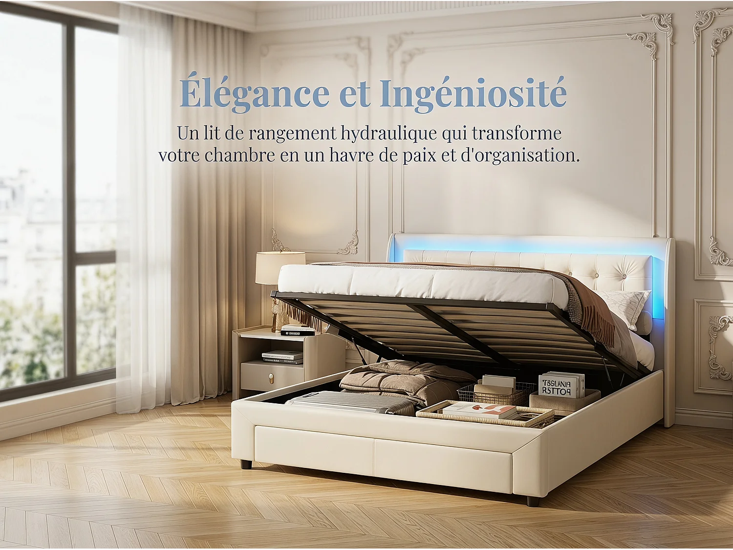 Lit coffre 140x200 cm avec tête de lit - LEDs RGB - Velours beige - Sommier à lattes - Rangement hydraulique et tiroirs