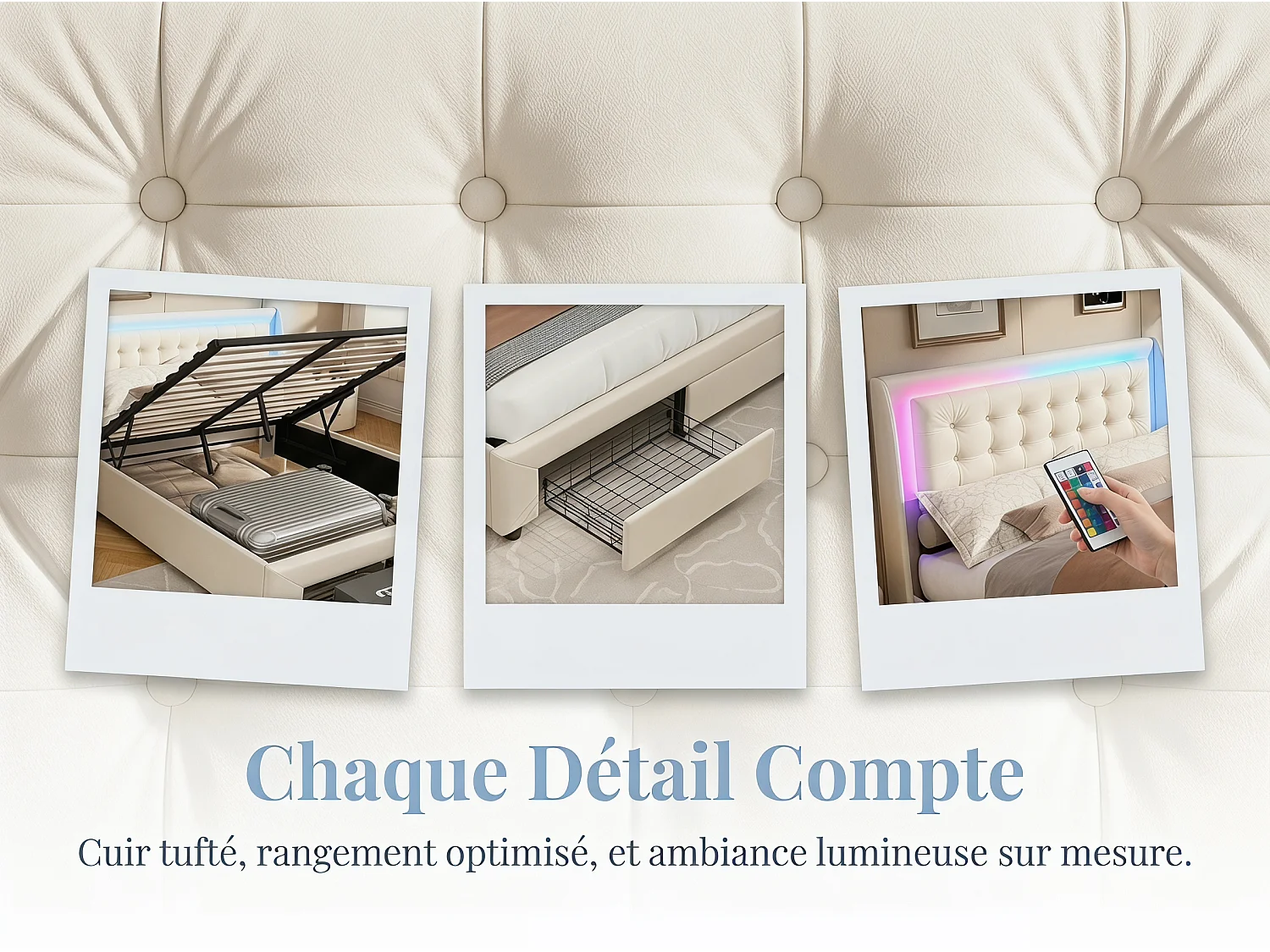 Lit coffre 140x200 cm avec tête de lit - LEDs RGB - Velours beige - Sommier à lattes - Rangement hydraulique et tiroirs