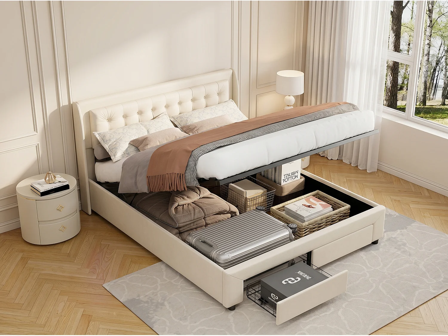 Lit coffre 140x200 cm avec tête de lit - LEDs RGB - Velours beige - Sommier à lattes - Rangement hydraulique et tiroirs