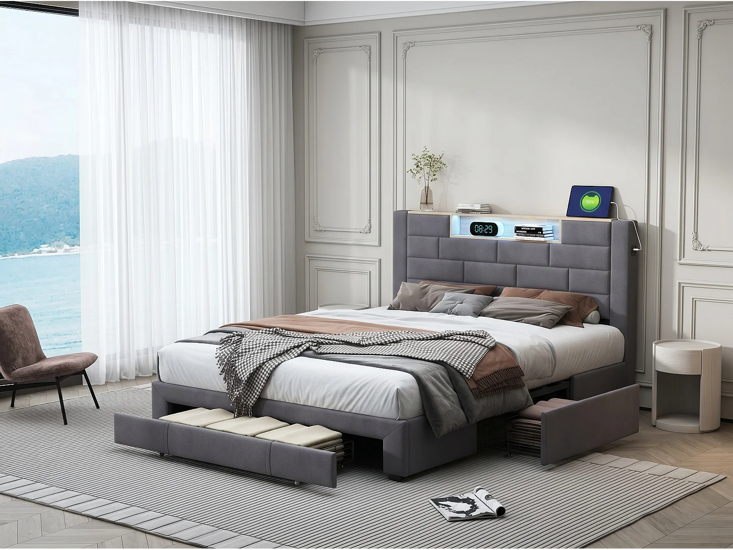 Lit coffre rembourré 160x200 cm - LED RGB et USB - velours gris - rangement et tiroirs