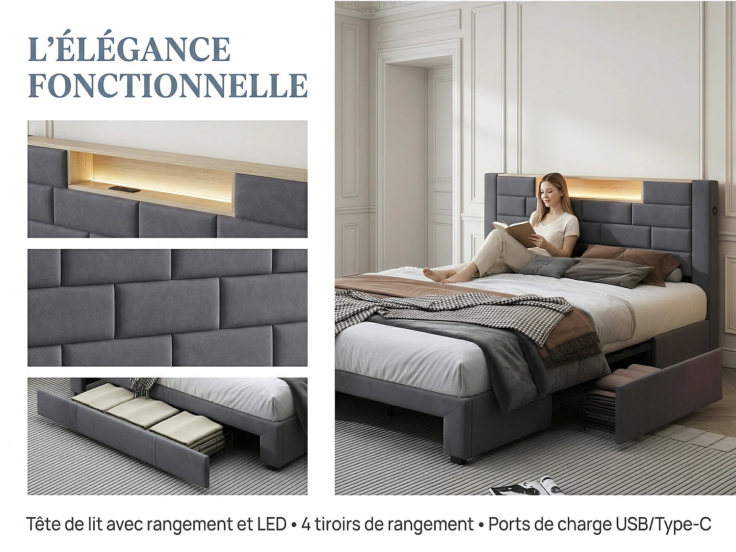 Lit coffre rembourré 160x200 cm - LED RGB et USB - velours gris - rangement et tiroirs