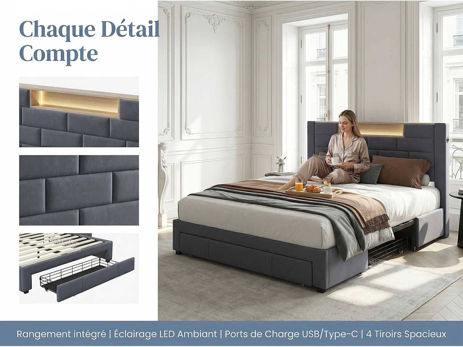 Lit coffre rembourré 160x200 cm - LED RGB et USB - velours gris - rangement et tiroirs