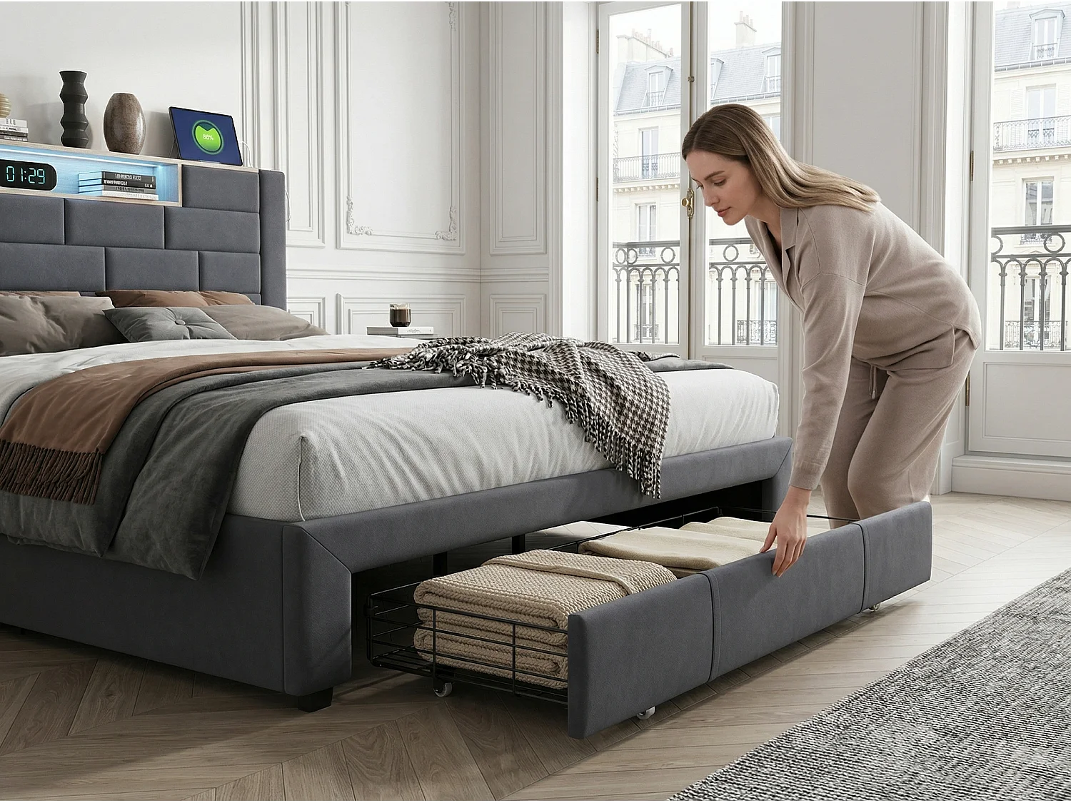 Lit coffre rembourré 160x200 cm - LED RGB et USB - velours gris - rangement et tiroirs