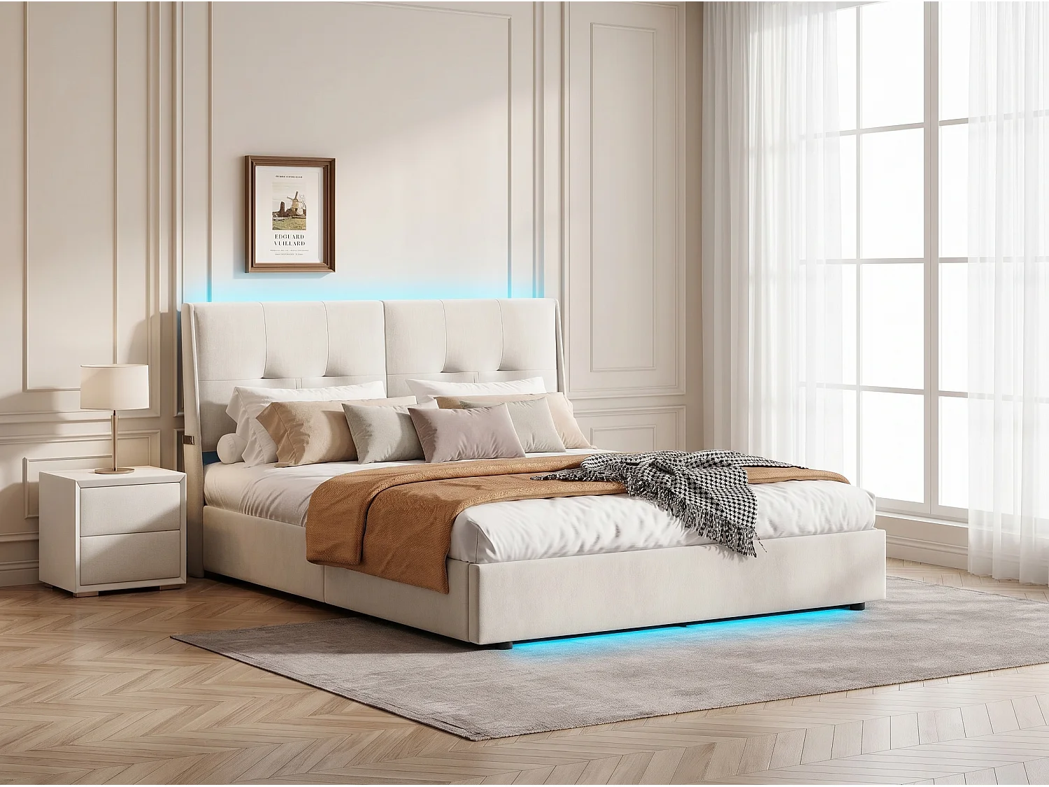 Lit coffre 160 x 200 cm avec tête de lit - Tissu lin beige - LED, poches et rangement