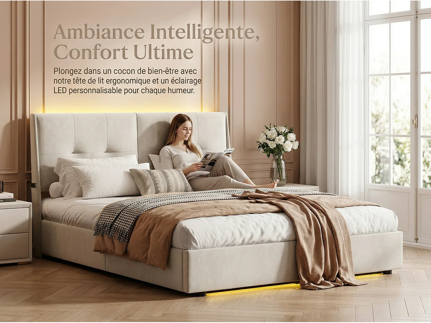 Lit coffre 160 x 200 cm avec tête de lit - Tissu lin beige - LED, poches et rangement