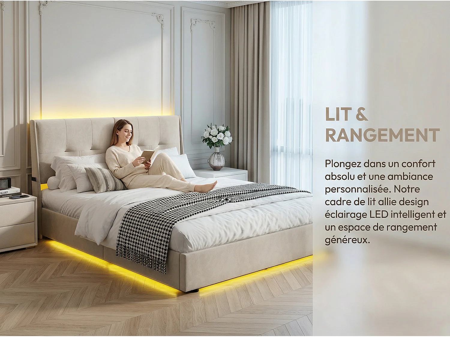 Lit coffre 160 x 200 cm avec tête de lit - Tissu lin beige - LED, poches et rangement