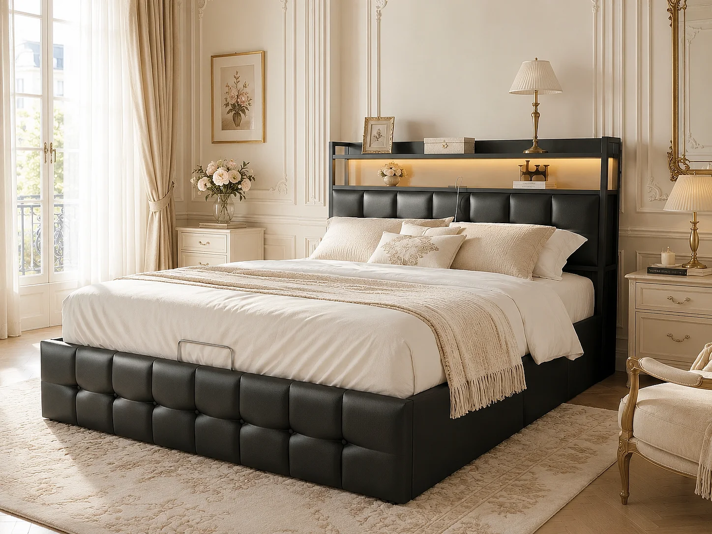 Lit coffre 140x190 cm avec tête de lit - PU noir, LED , prises, étagère et rangement hydraulique-sommier à lattes en bois
