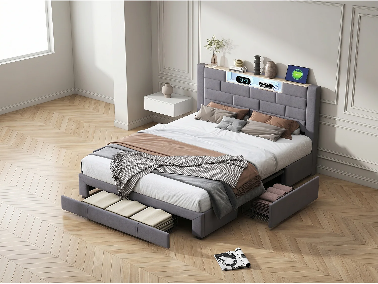 Lit coffre rembourré 140x200 cm - LED RGB et USB - velours gris - rangement et tiroirs