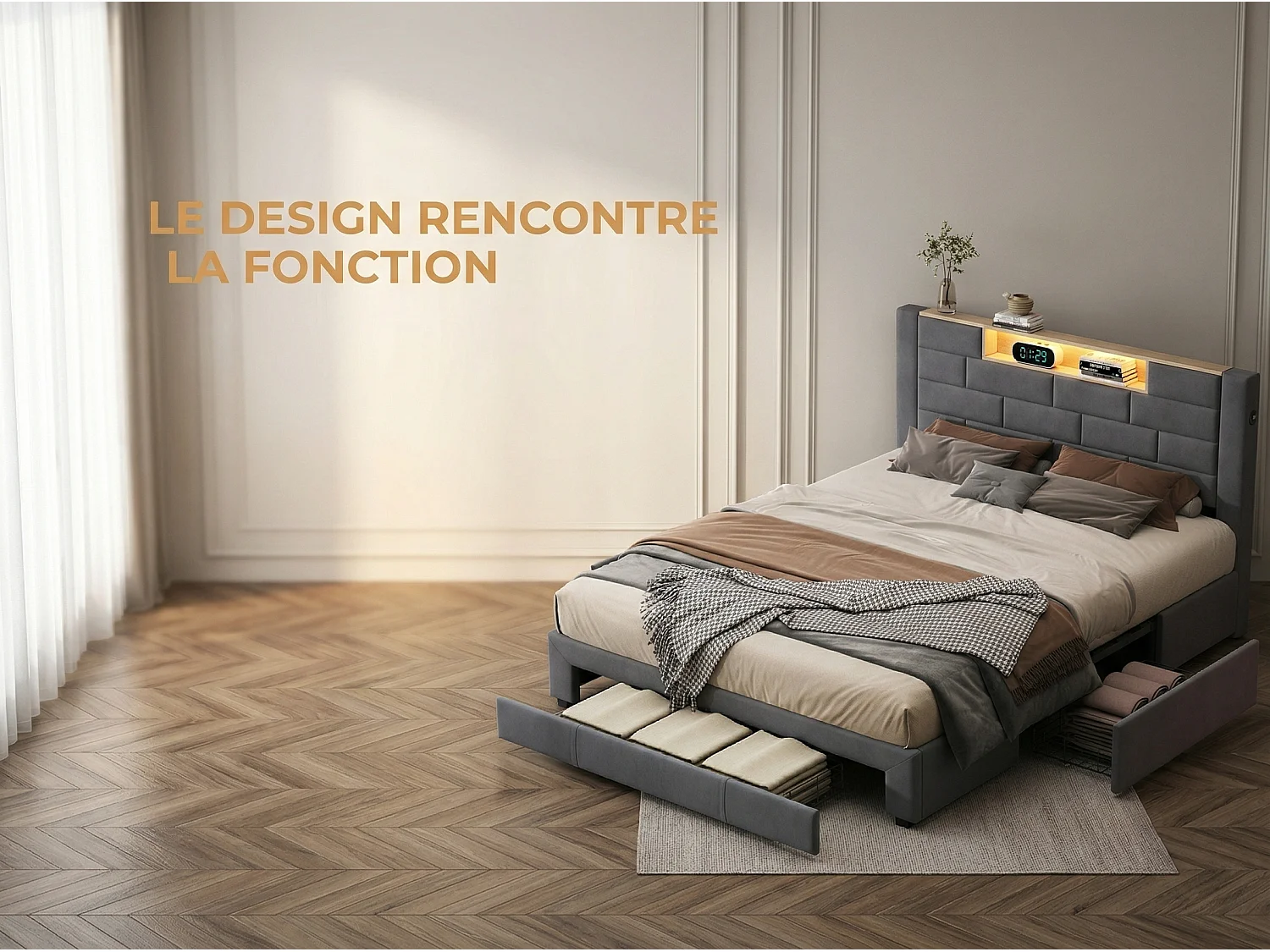 Lit coffre rembourré 140x200 cm - LED RGB et USB - velours gris - rangement et tiroirs