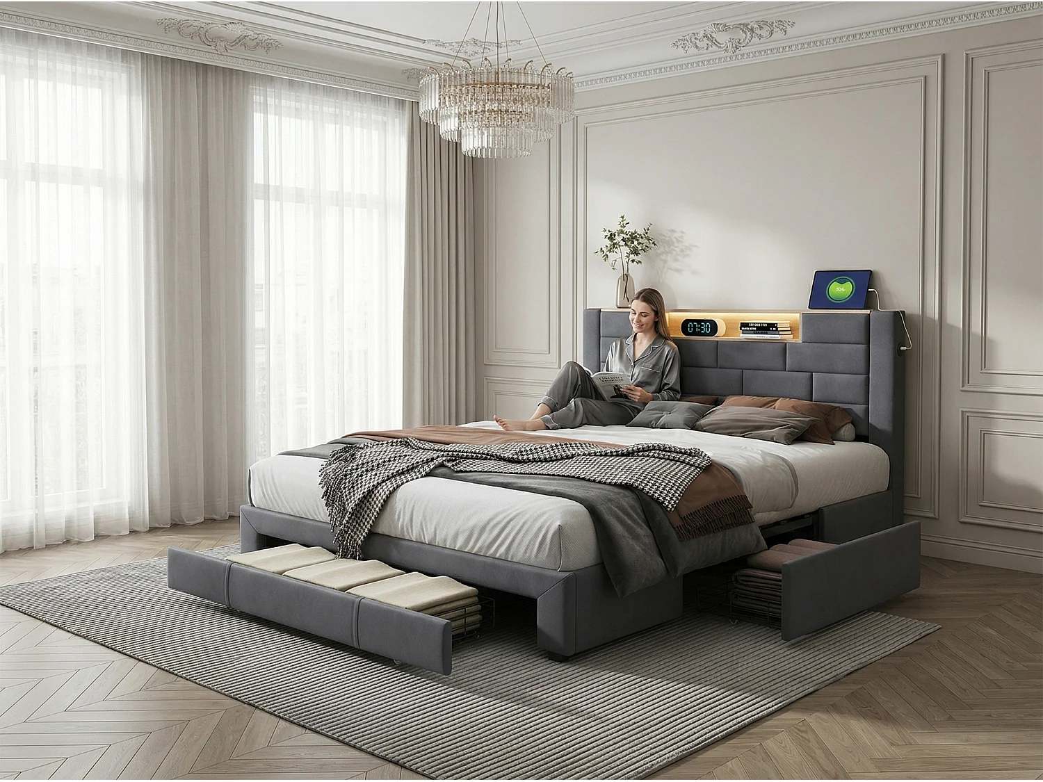 Lit coffre rembourré 140x200 cm - LED RGB et USB - velours gris - rangement et tiroirs