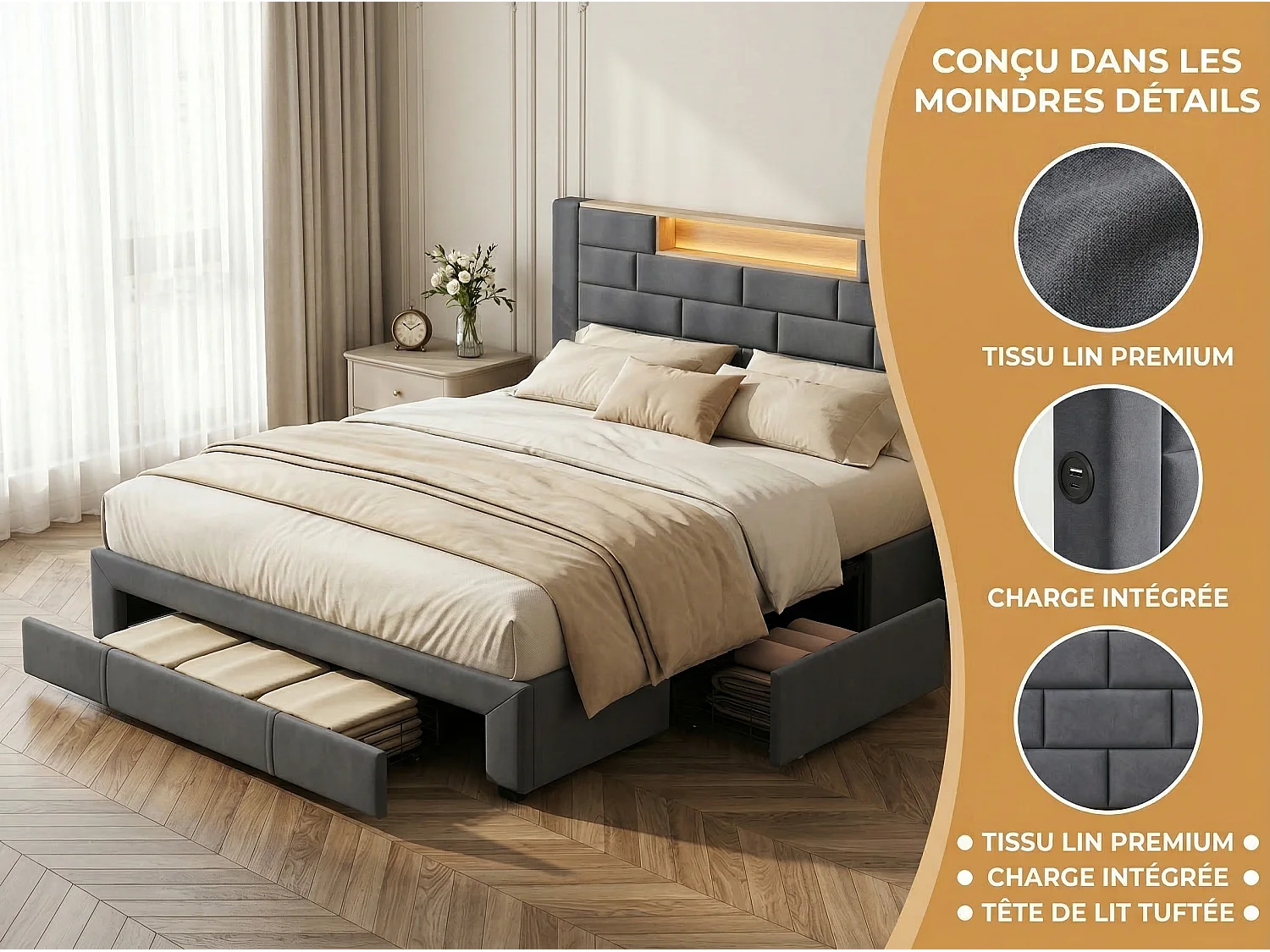 Lit coffre rembourré 140x200 cm - LED RGB et USB - velours gris - rangement et tiroirs