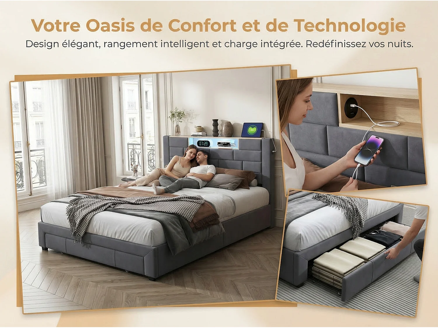 Lit coffre rembourré 140x200 cm - LED RGB et USB - velours gris - rangement et tiroirs