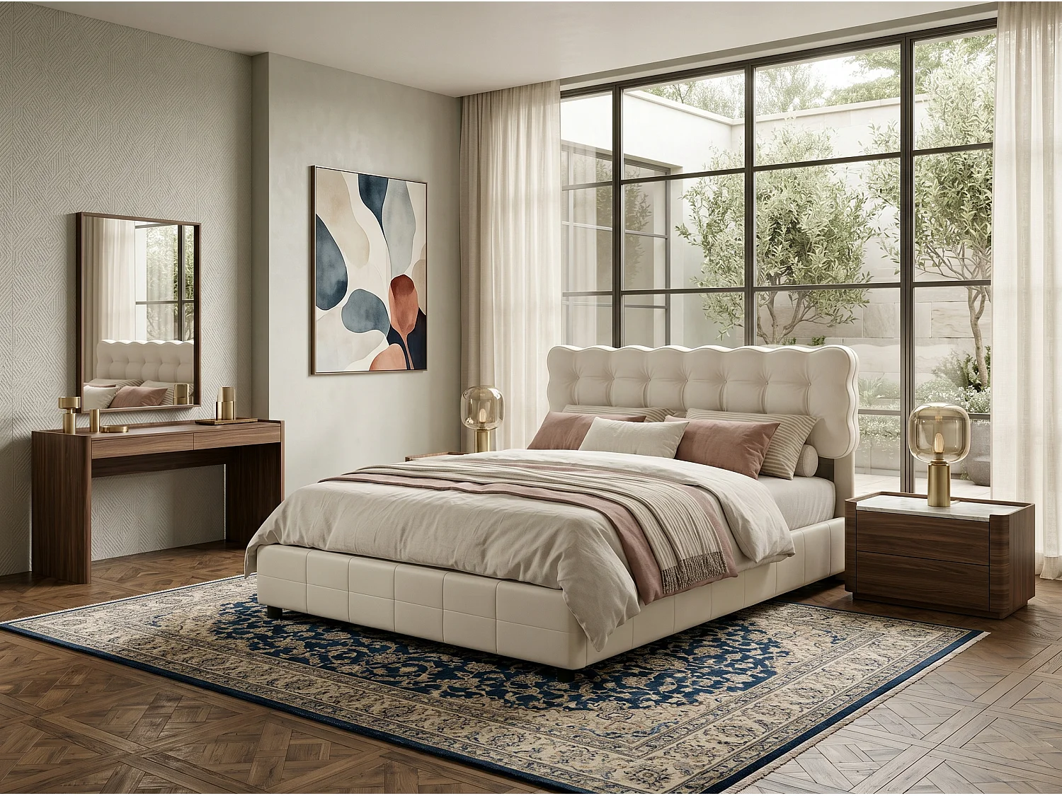 Lit coffre 140x190 cm avec tête de lit - Détecteur LED - Velours beige - Sommier à lattes et espace de rangement hydraulique